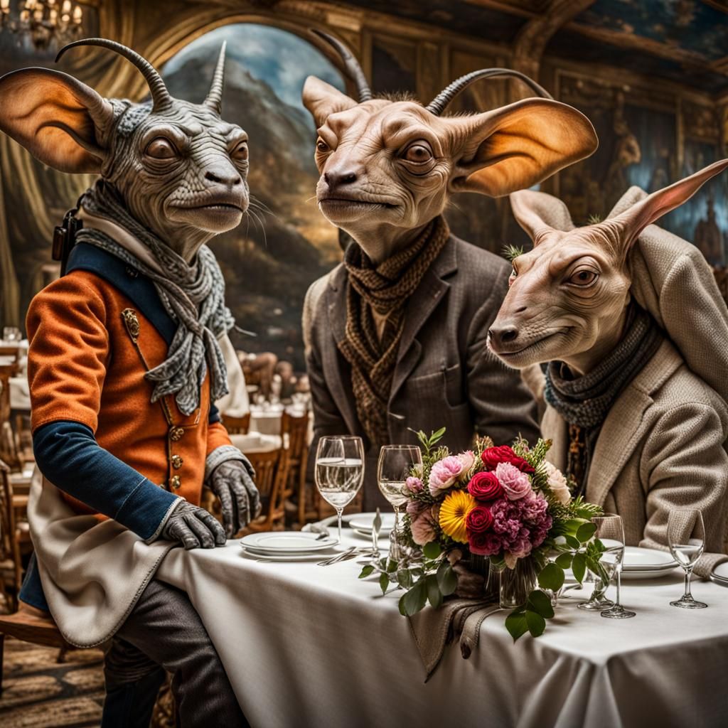 Surreal Alien Celebration in Restaurant: Hyperrealist Painti...