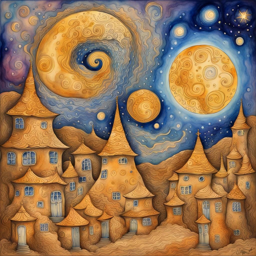 Dreamscape Village Under Cosmic Sky in Watercolor