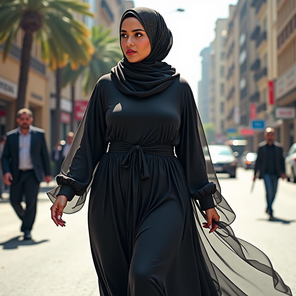 Woman in Hijab Walking Through City Street