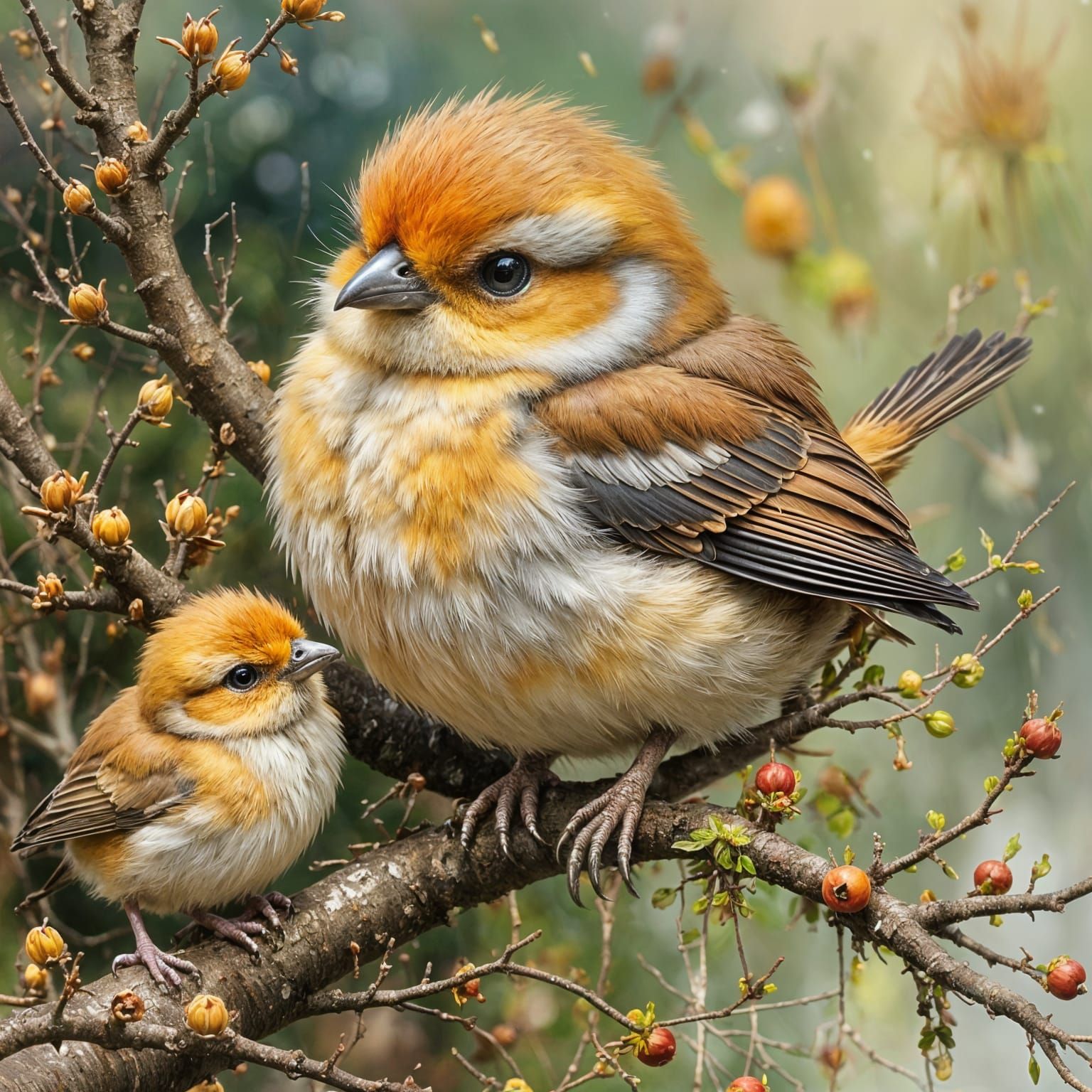 Mother Bird Shelters Young as Oil Painting