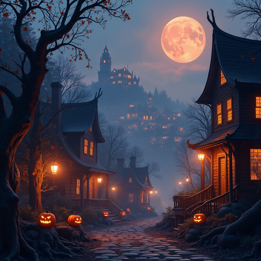 Ethereal Halloween Townscape at Dusk in Dark Fantasy Style