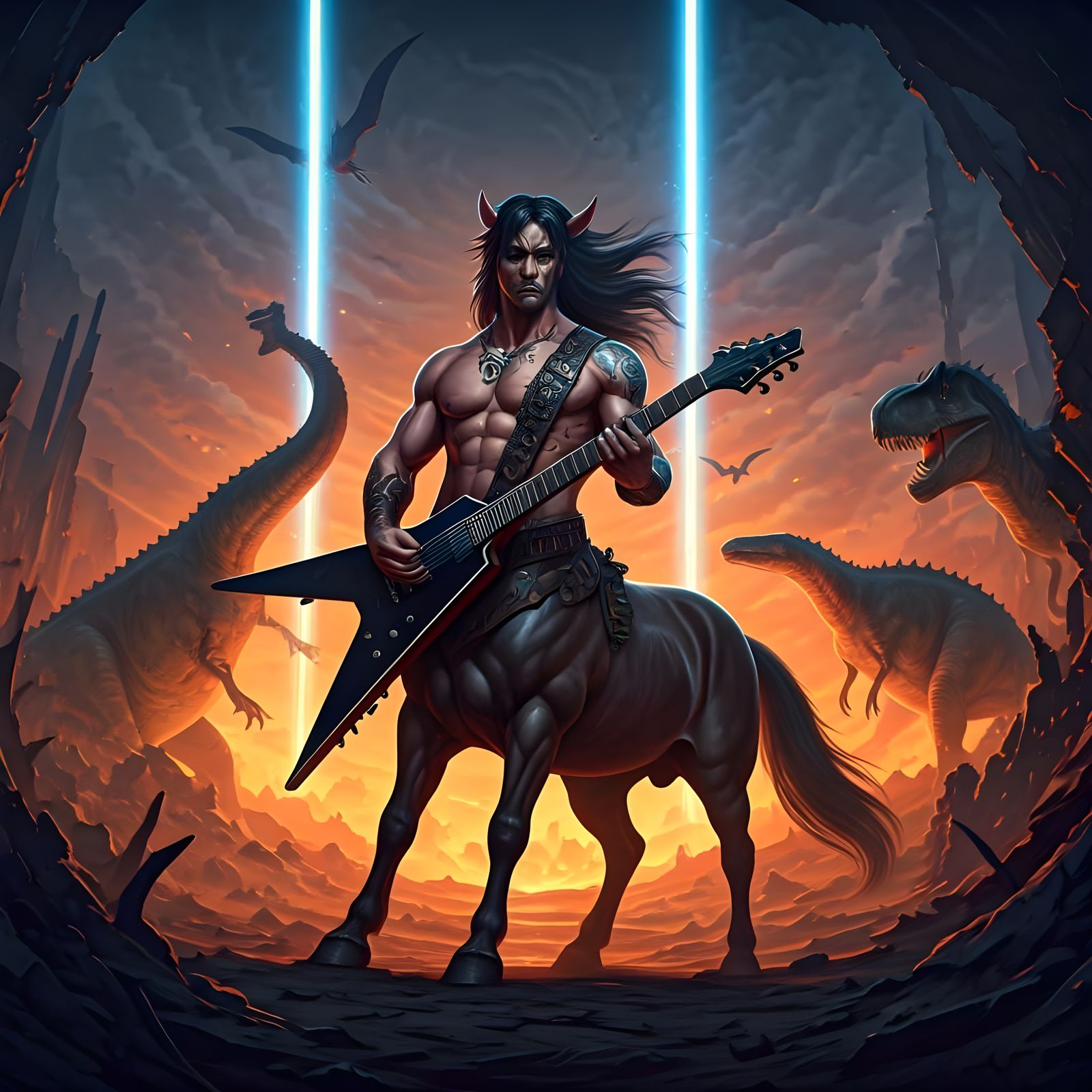 Centaur Shreds Guitar in Dinosaur Laser Battle