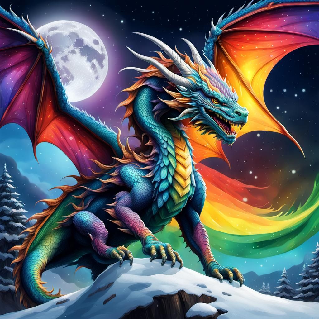 Rainbow Dragon Flight Under Winter Moon