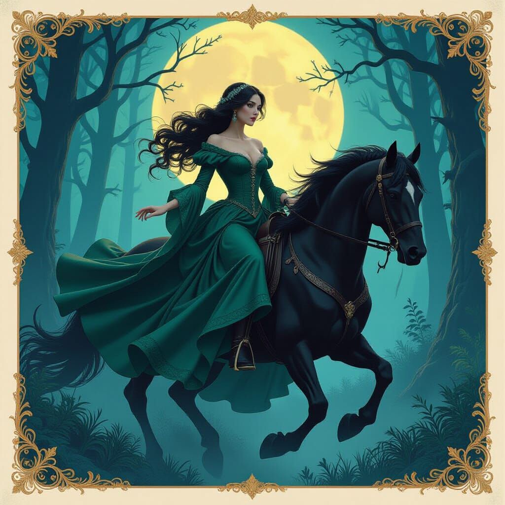 Victorian Woman Rides Horse in Moonlit Mystical Forest