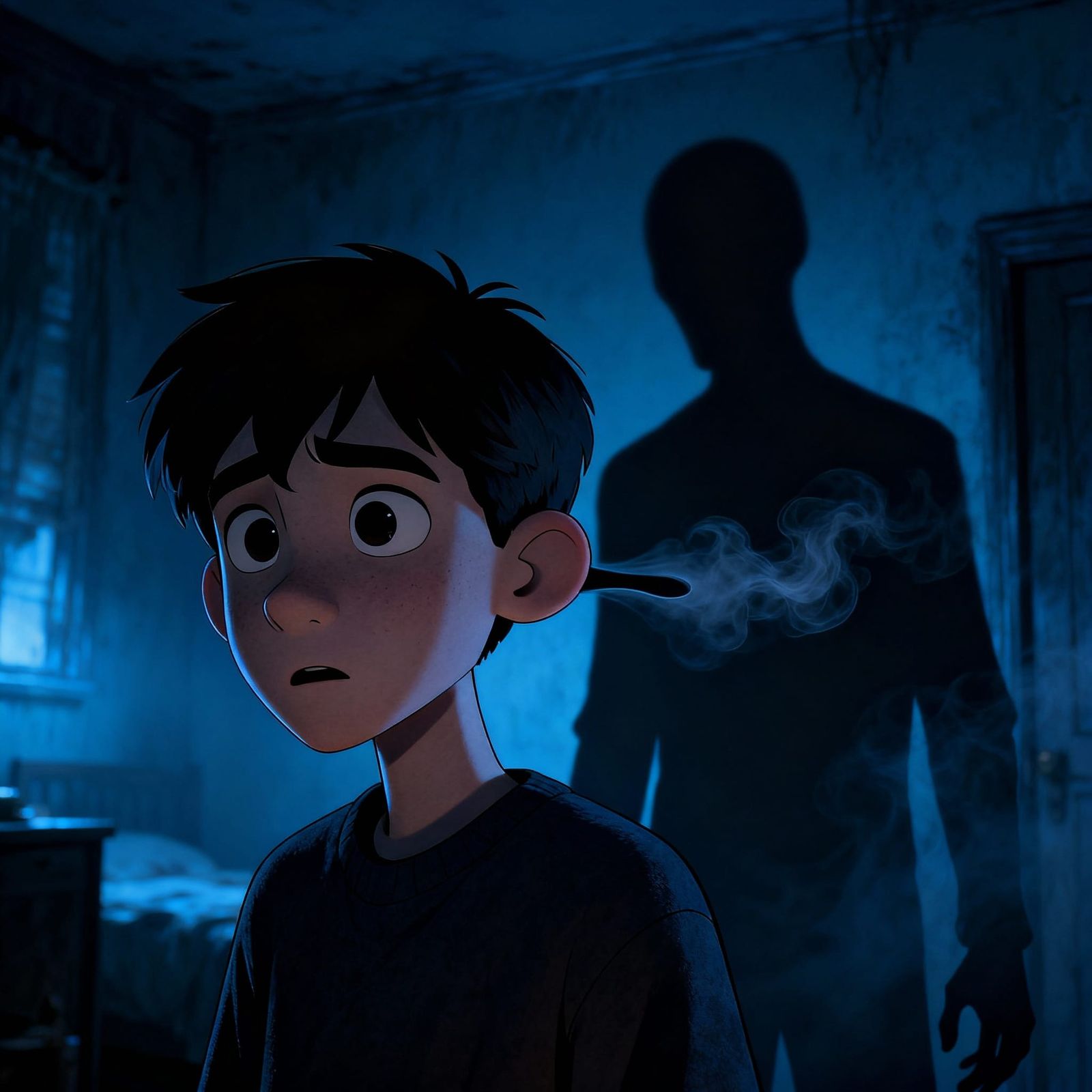 Horror Scene: Shadow Figure Behind Person in Blue Light