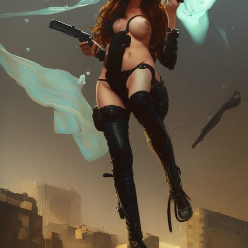 Android Girl with Gas Mask in Scrap Yard, Hyperdetailed Art