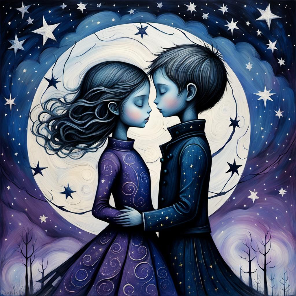 Romantic Silhouette Against Starry Sky, Impasto Painting