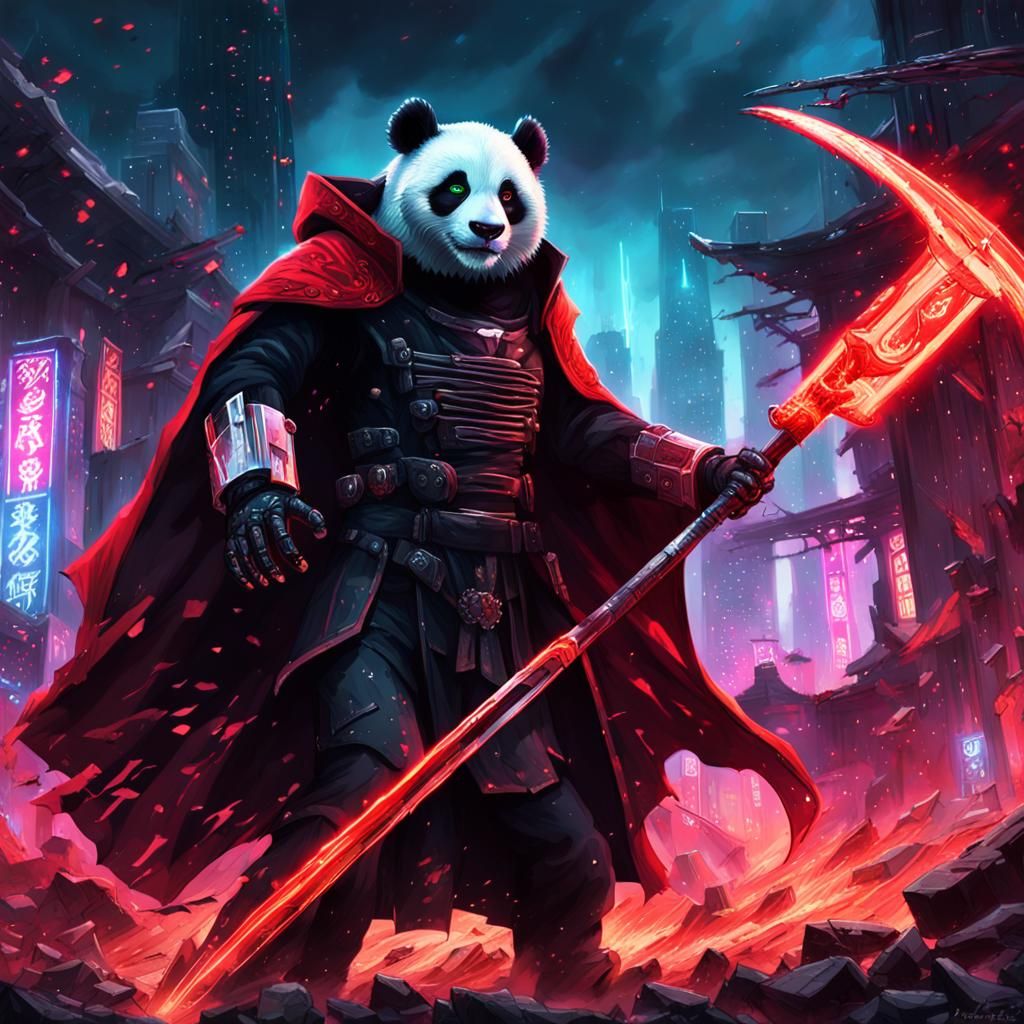 Cyberpunk Panda Reaper in Dystopian Cityscape