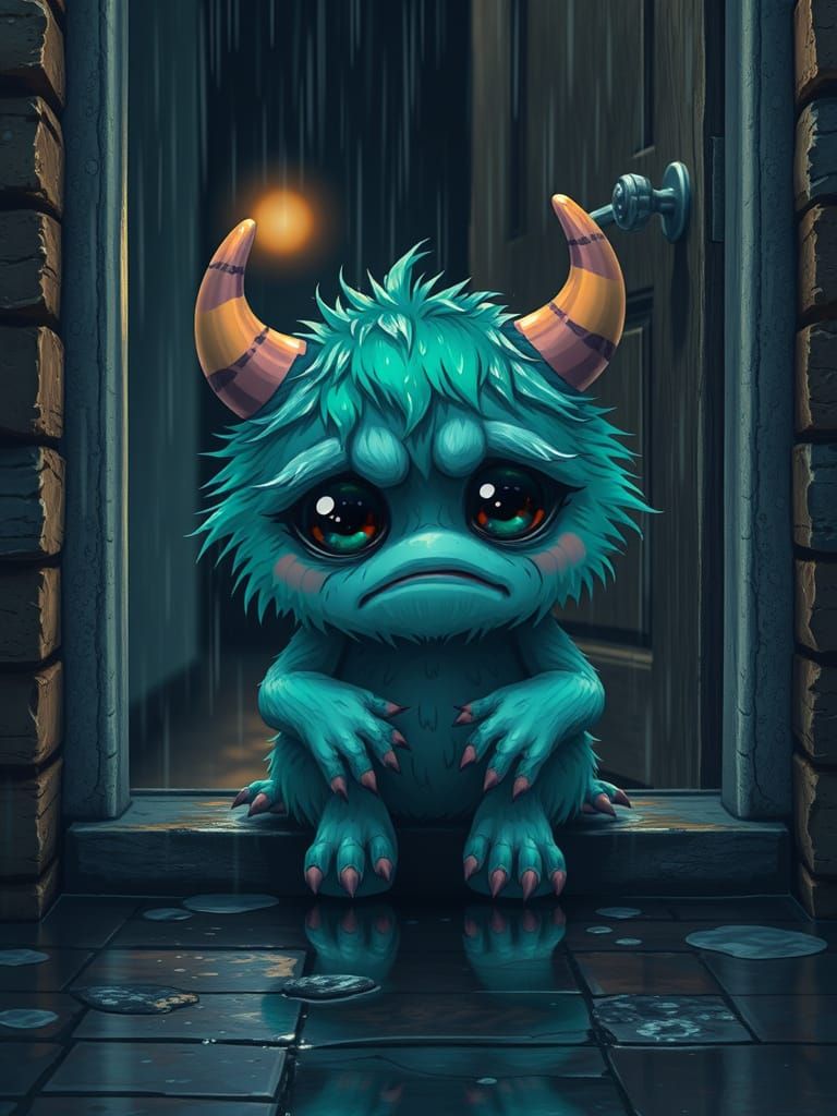 Sad Kawaii Monster in the Rain: Digital Masterpiece