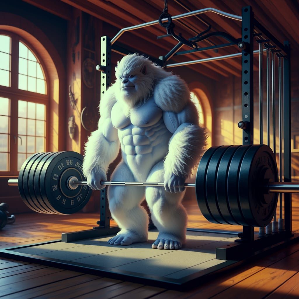 Majestic Yeti Weightlifting in Warmly Lit Gym