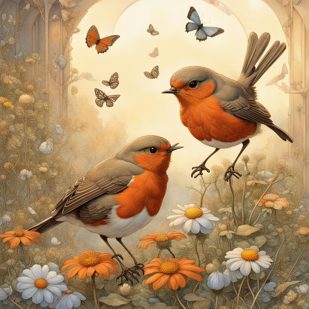 Robins with Wildflowers in Morning Light