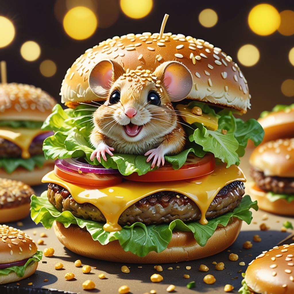 Whimsical Hamburger with Mouse in Digital Art Style