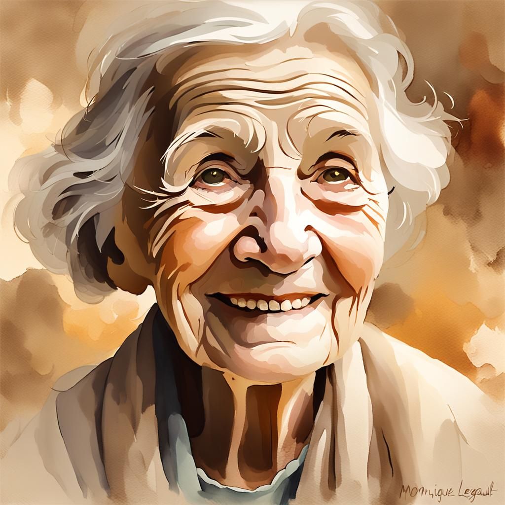 Elderly Woman's Enigmatic Smile in Impressionistic Portrait