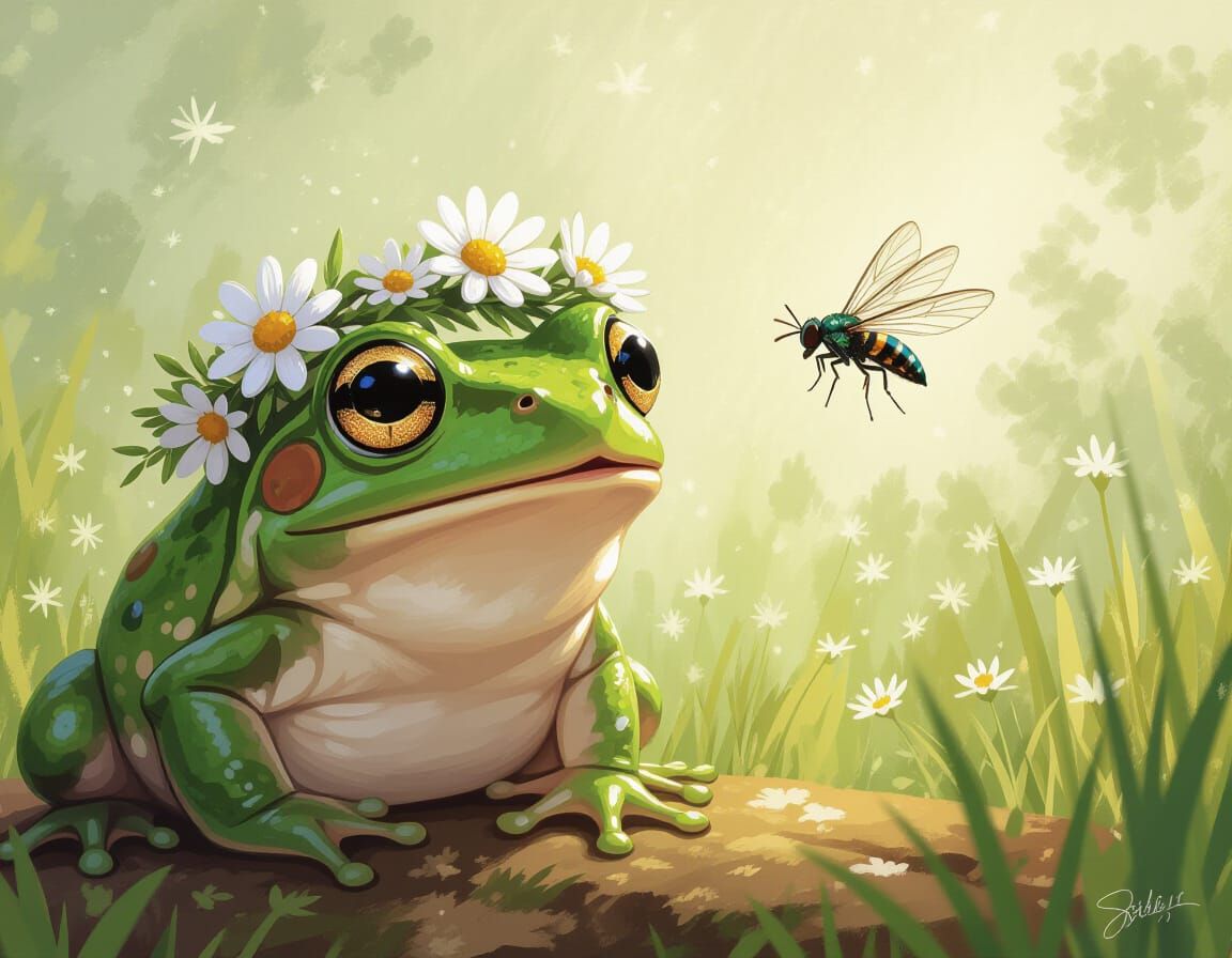 Surprised Frog with Flower Crown Gazing at Midge