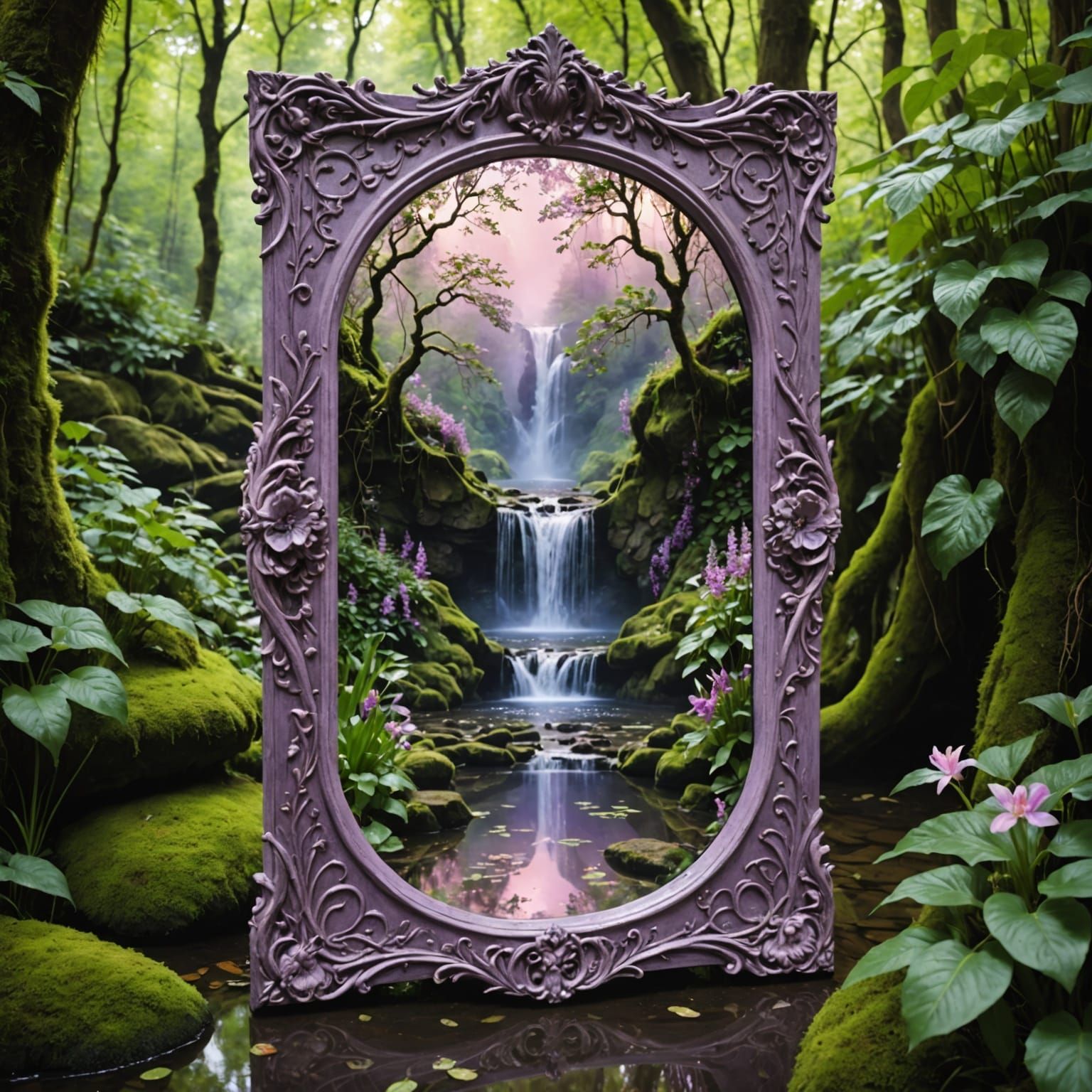 Mystical Mirror in Lush Spring Forest
