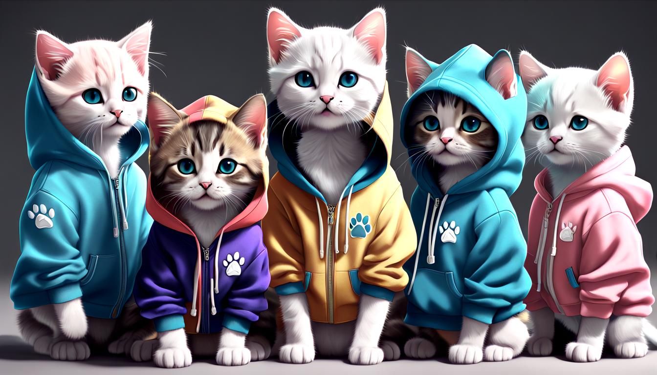Colorful Kittens Wearing Hoodies: 3D Anime Art