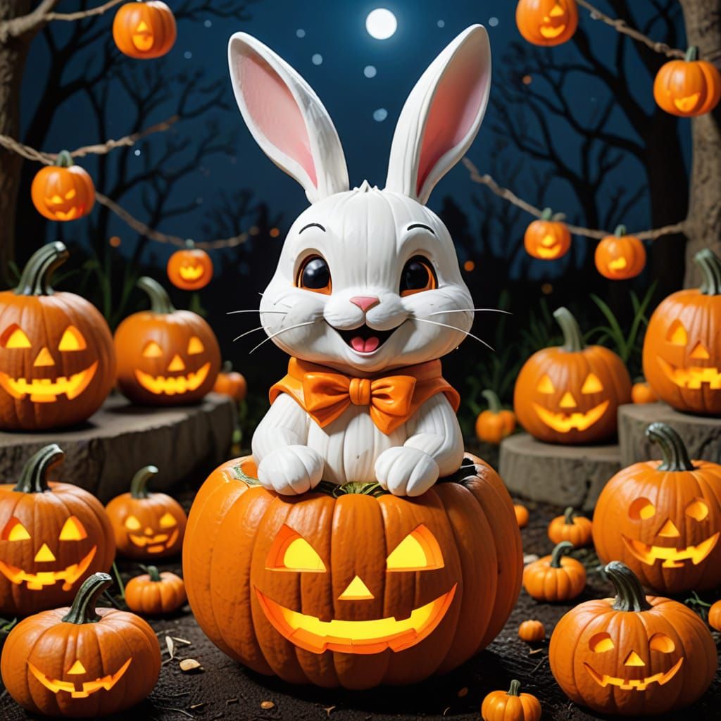 Chibi Rabbit Emerges From Jack-o-Lantern