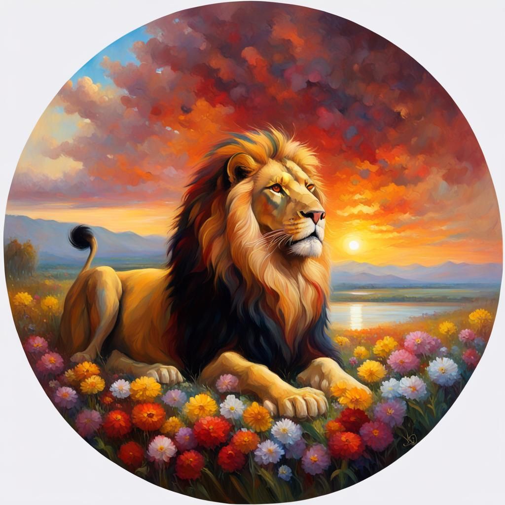 Majestic Lion in Floral Field, Gothic Fantasy Oil Painting