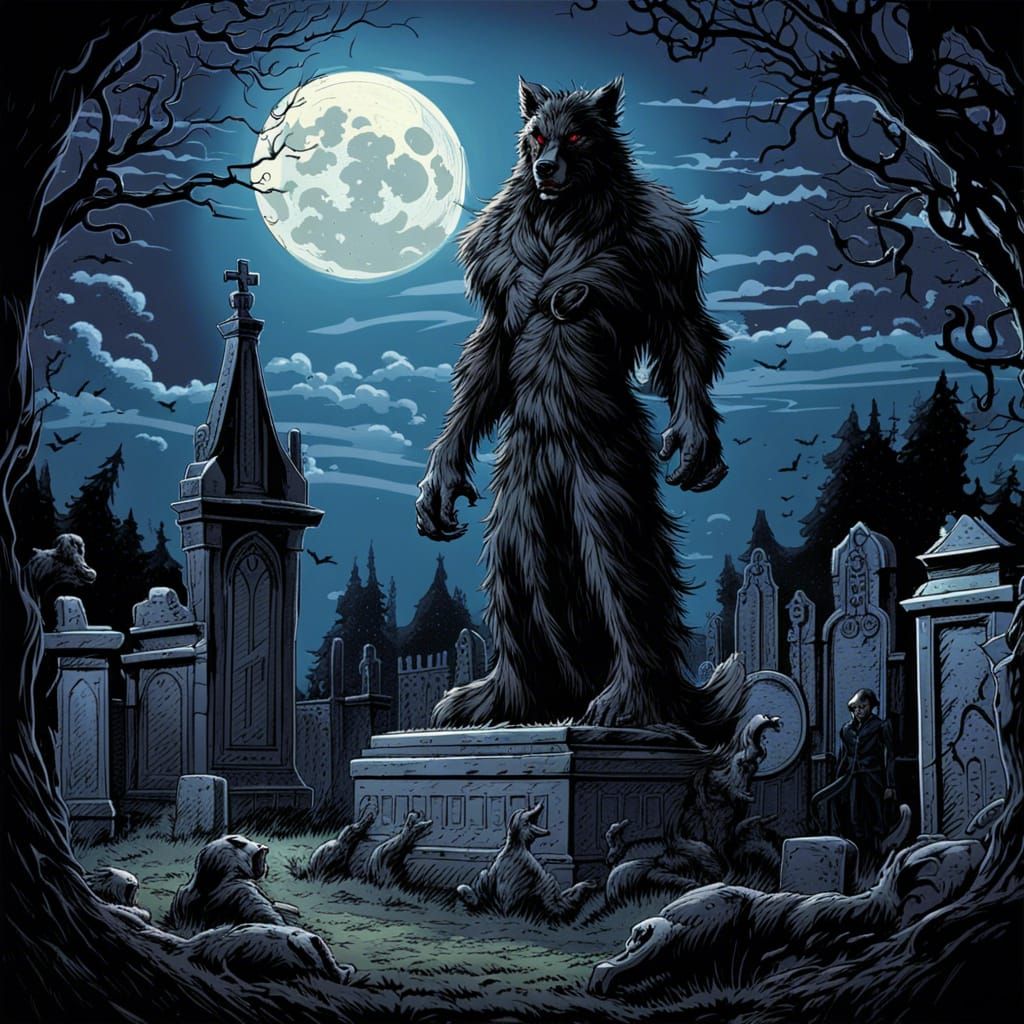 Eerie Shadow Werewolf in Victorian Graveyard Comic Art