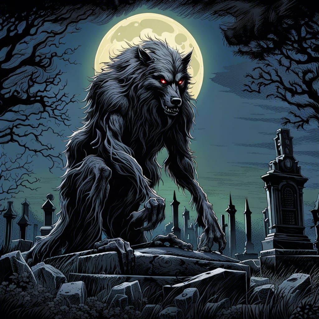 Eerie Shadow Werewolf in Victorian Graveyard