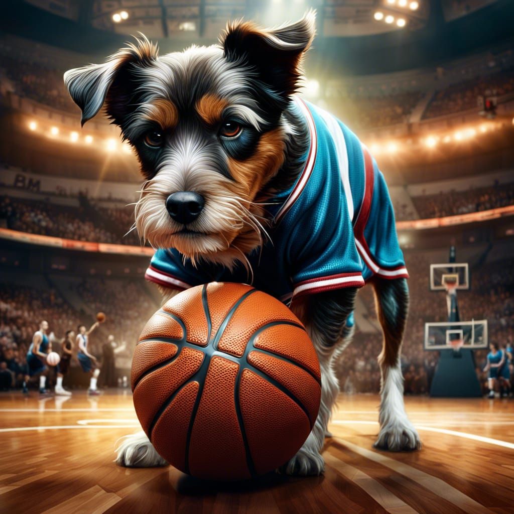 Dog Dribbling Basketball in Whimsical Hyperrealism