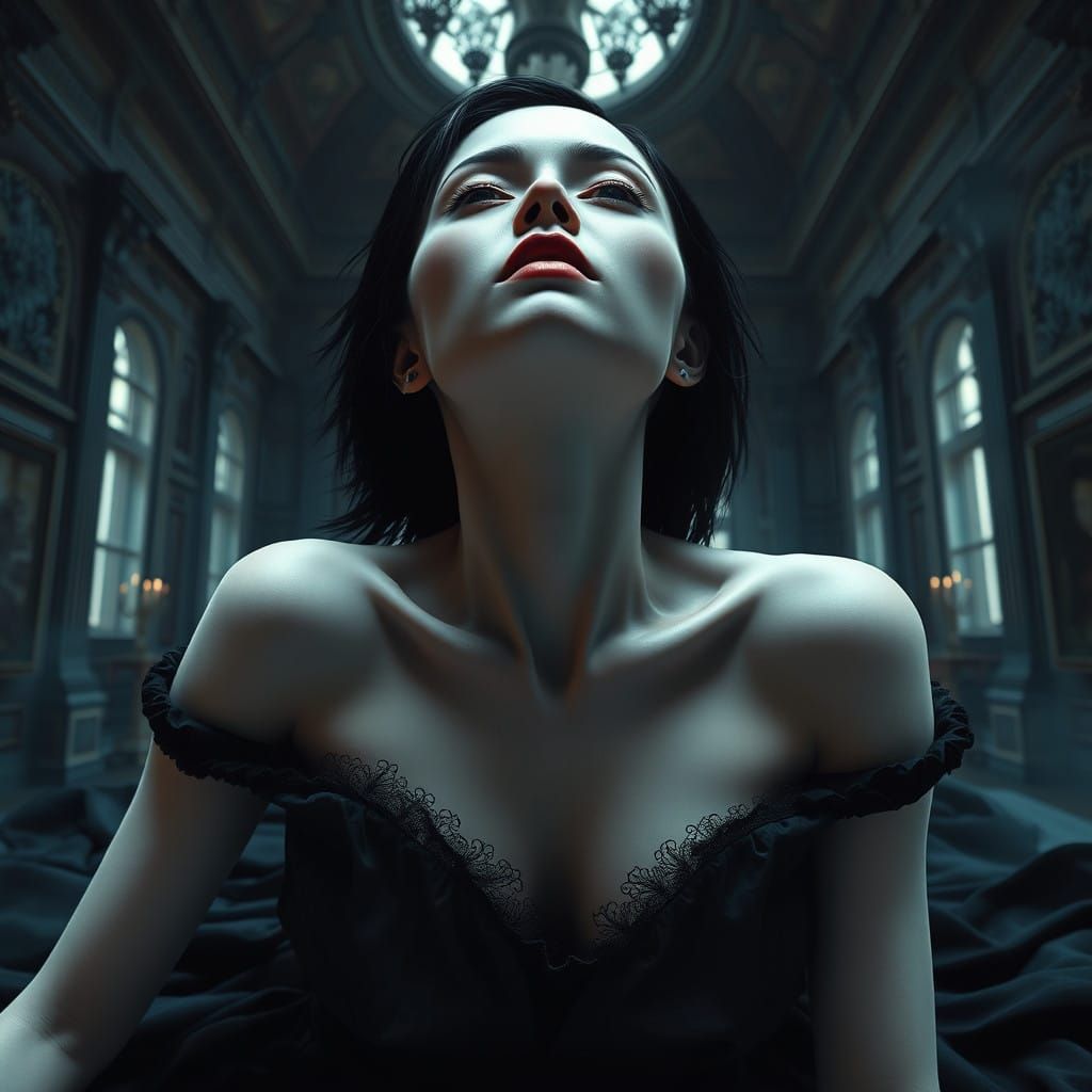 Gothic Vampire Woman in a Haunting, High-Ceilinged Room