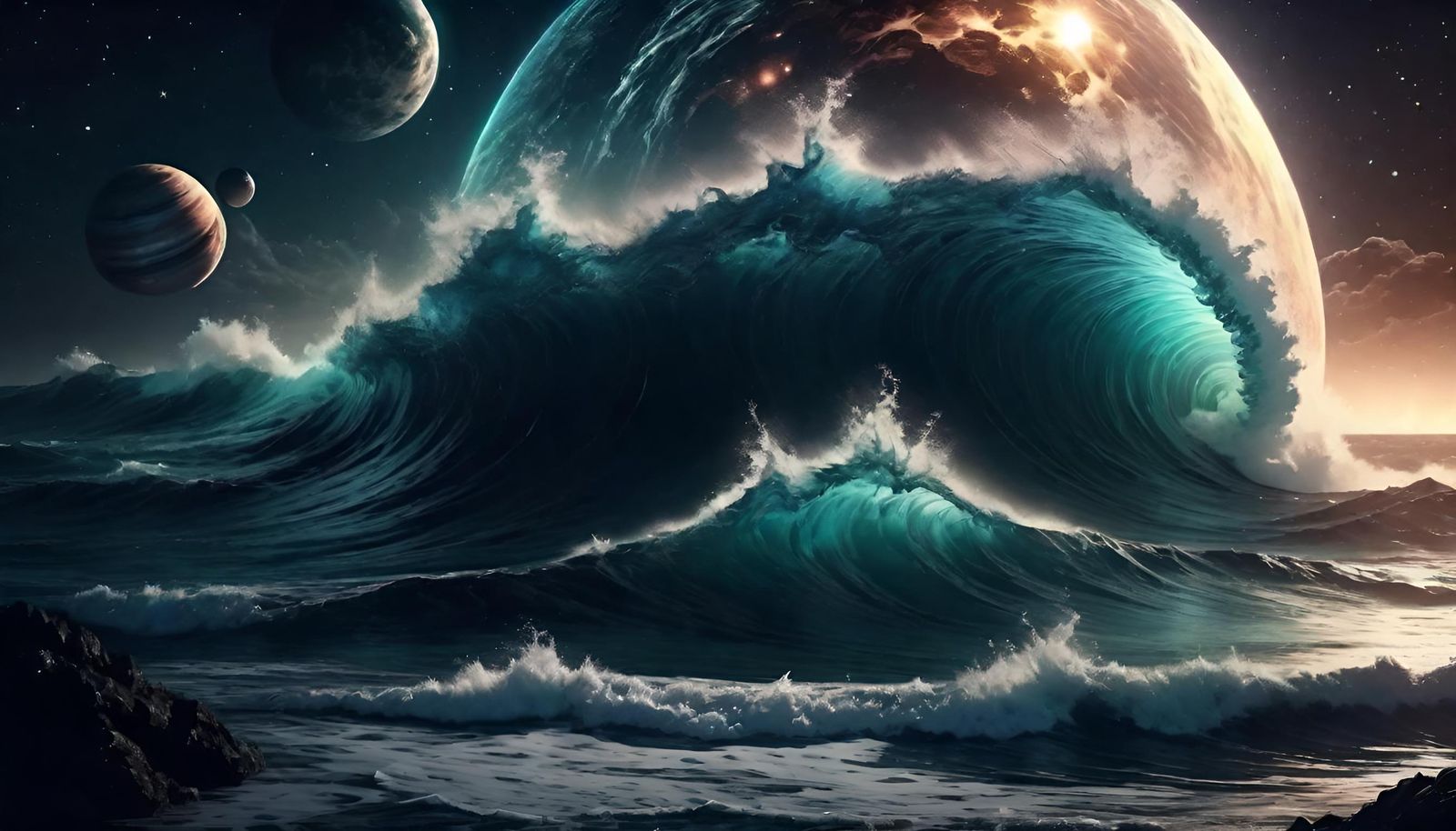 Epic Cosmic Ocean Waves Under Astral Skies