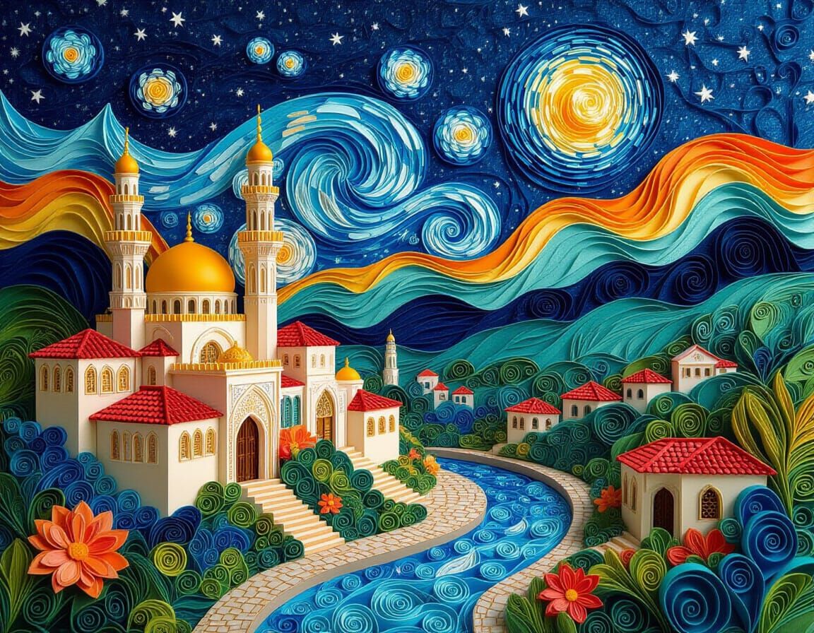 Quilled Village Diorama Under Starry Night Sky