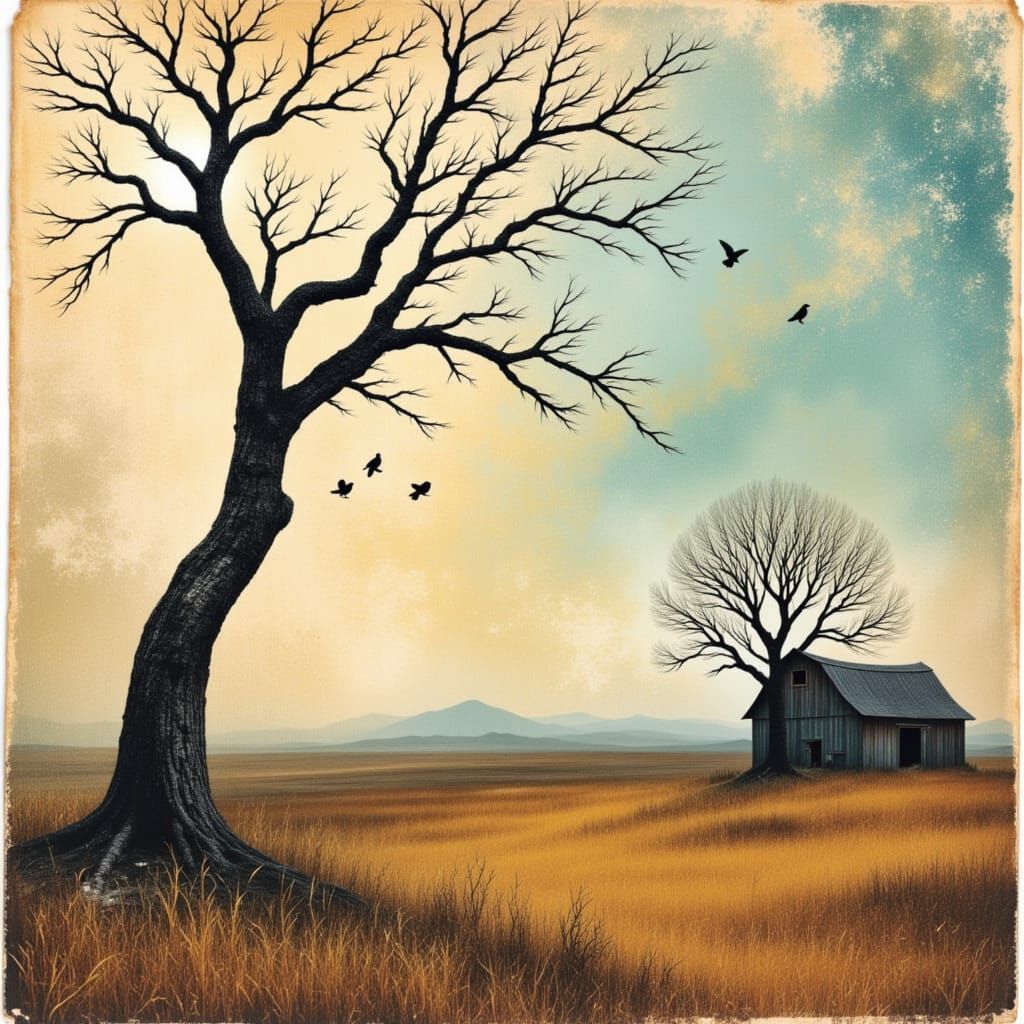 Rural Barn Scene with Tree and Birds