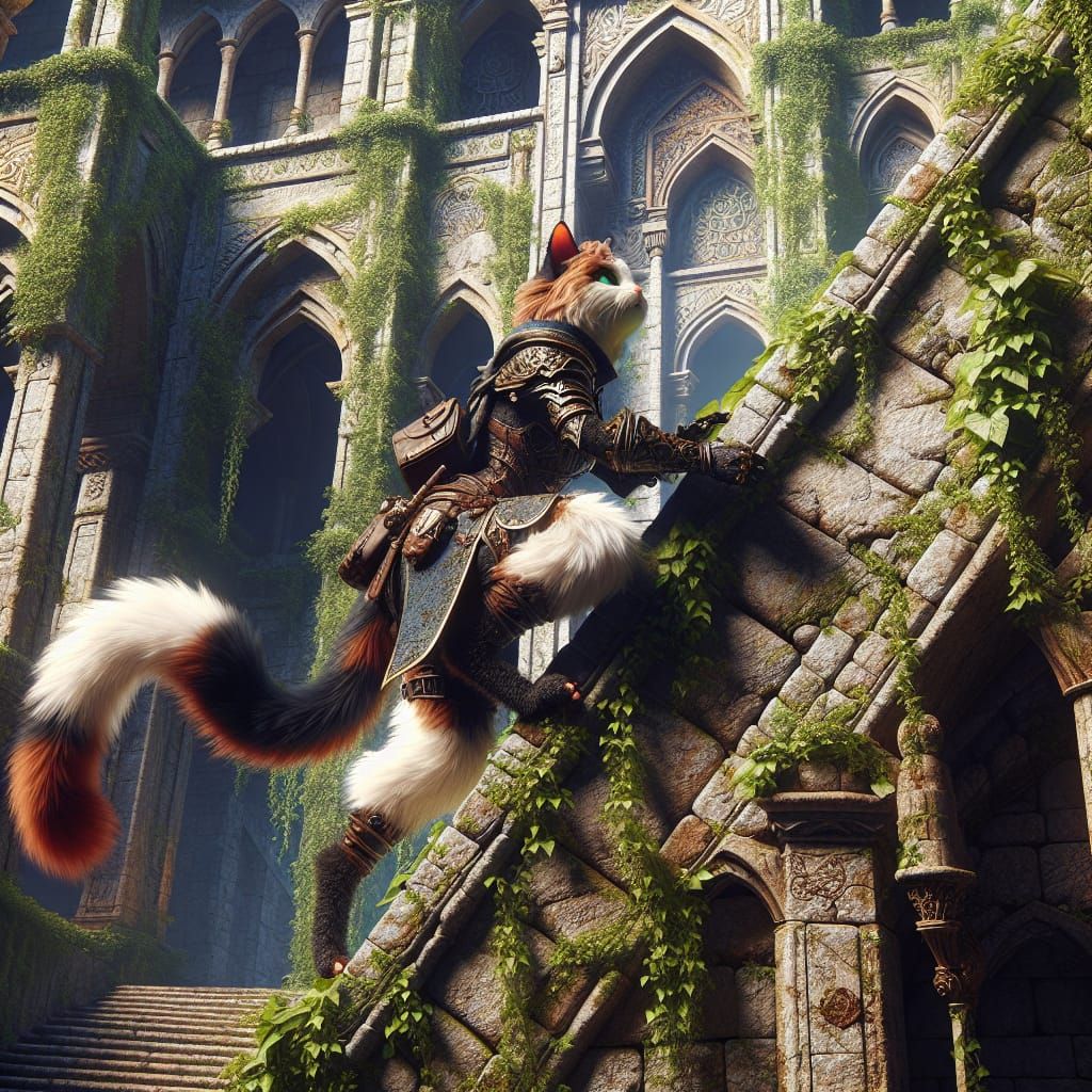Hyper-realistic beautiful calico tabaxi rogue climbing up a wall to sneak into a palace to steal the jewel of abraxxus