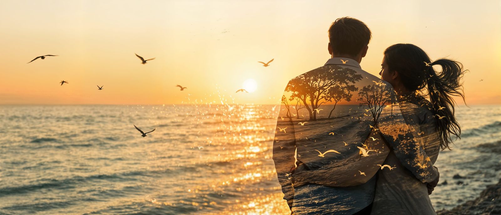 Couple Embracing Golden Sunset by the Sea
