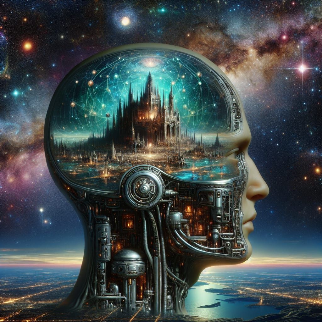 Biomechanical Cyborg Civilization in Cosmic Night Sky