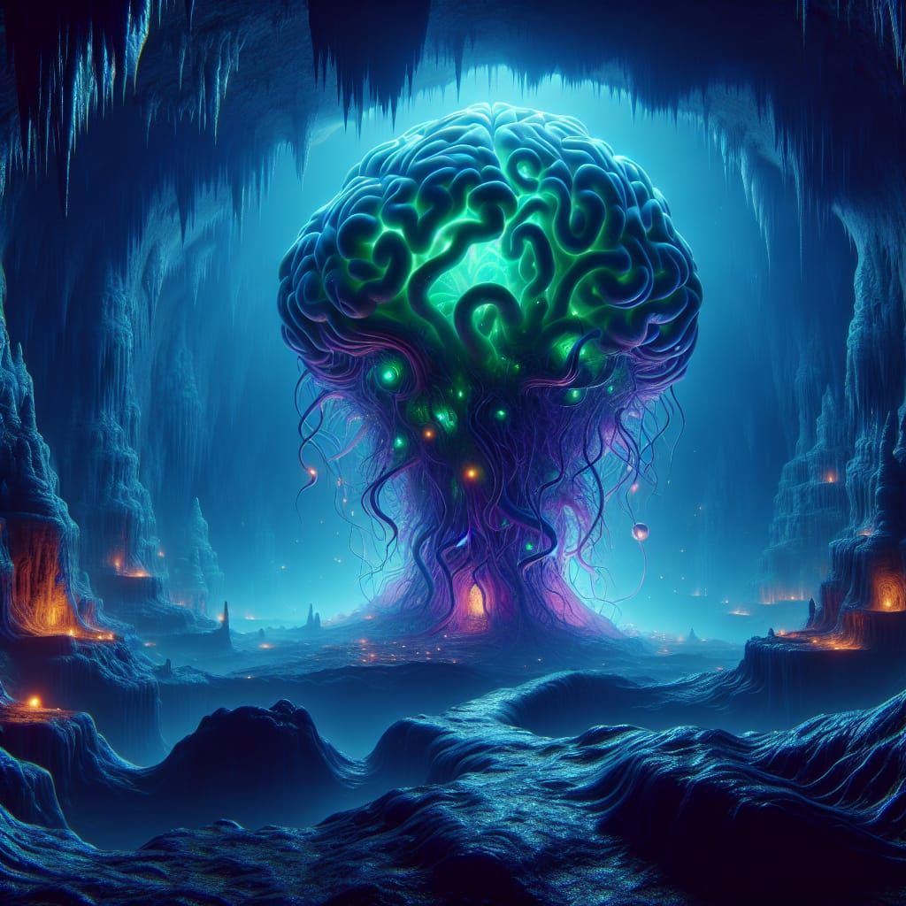 Floating Tentacled Brain in Bioluminescent Cave
