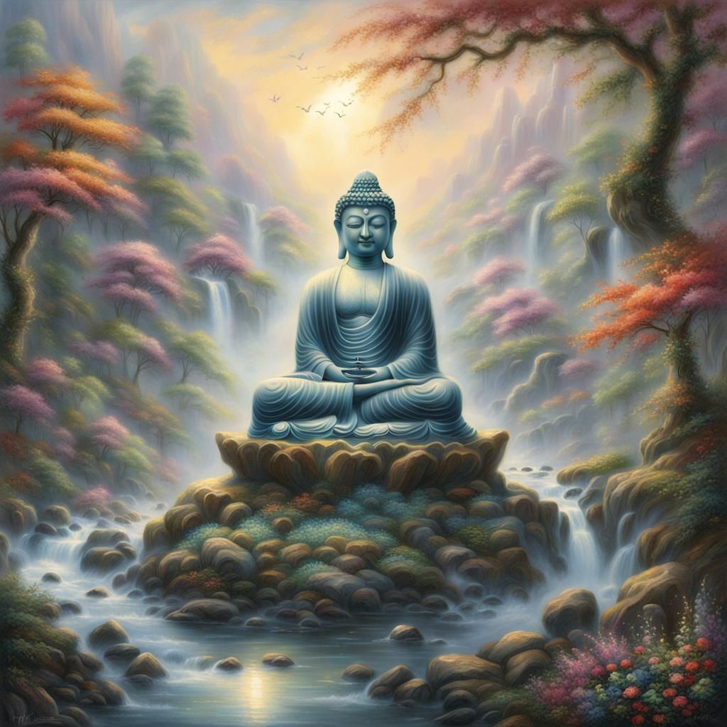 Ethereal Buddha in a Misty Landscape