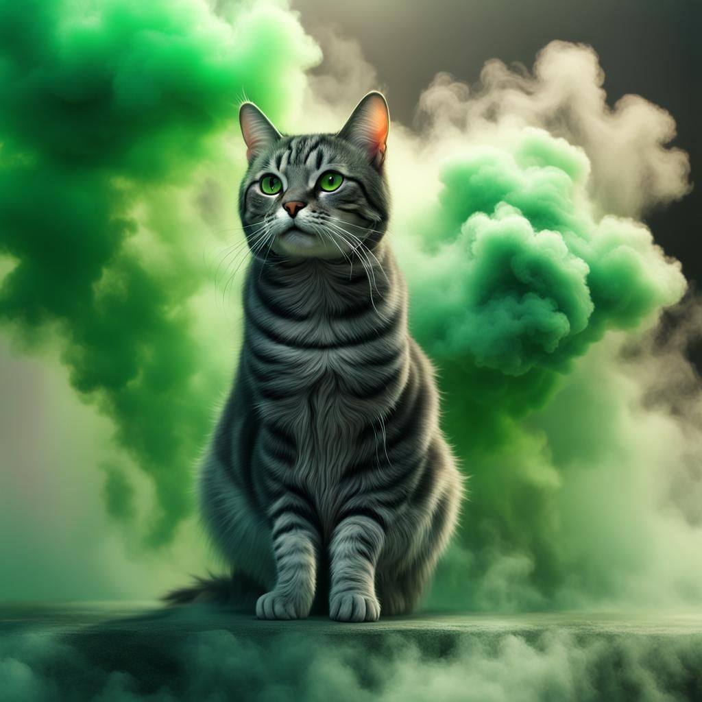 Realistic Tabby Cat in Green Smoke