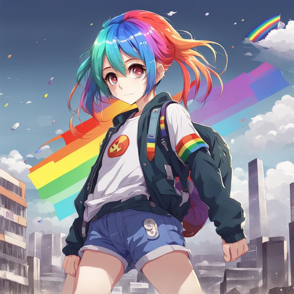 Anime Girl with Rainbow Hair: Concept Art