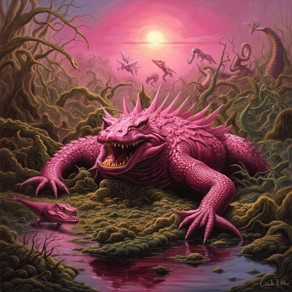 Fluffy Pink Crocodile-Cobra Hybrid in a Swamp