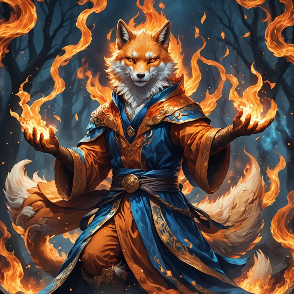 Mystical Kitsune Sorcerer Casts Fire Magic Amidst Blazing Fl...