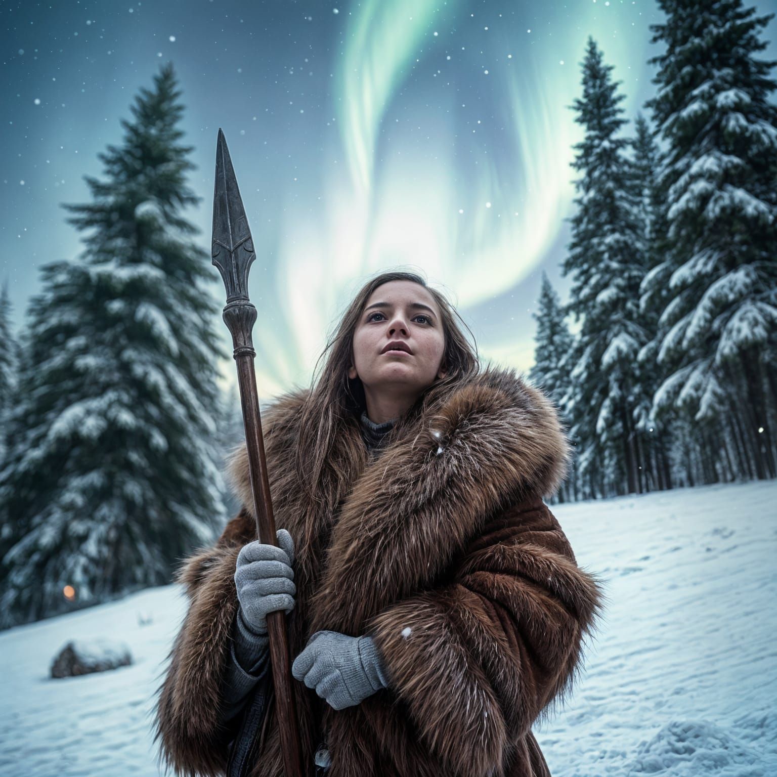 Girl with Spear Gazing at Northern Lights