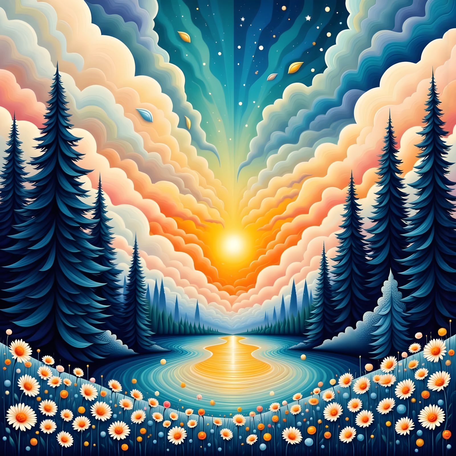 Abstract Dawn Landscape with Geometric Trees and Clouds