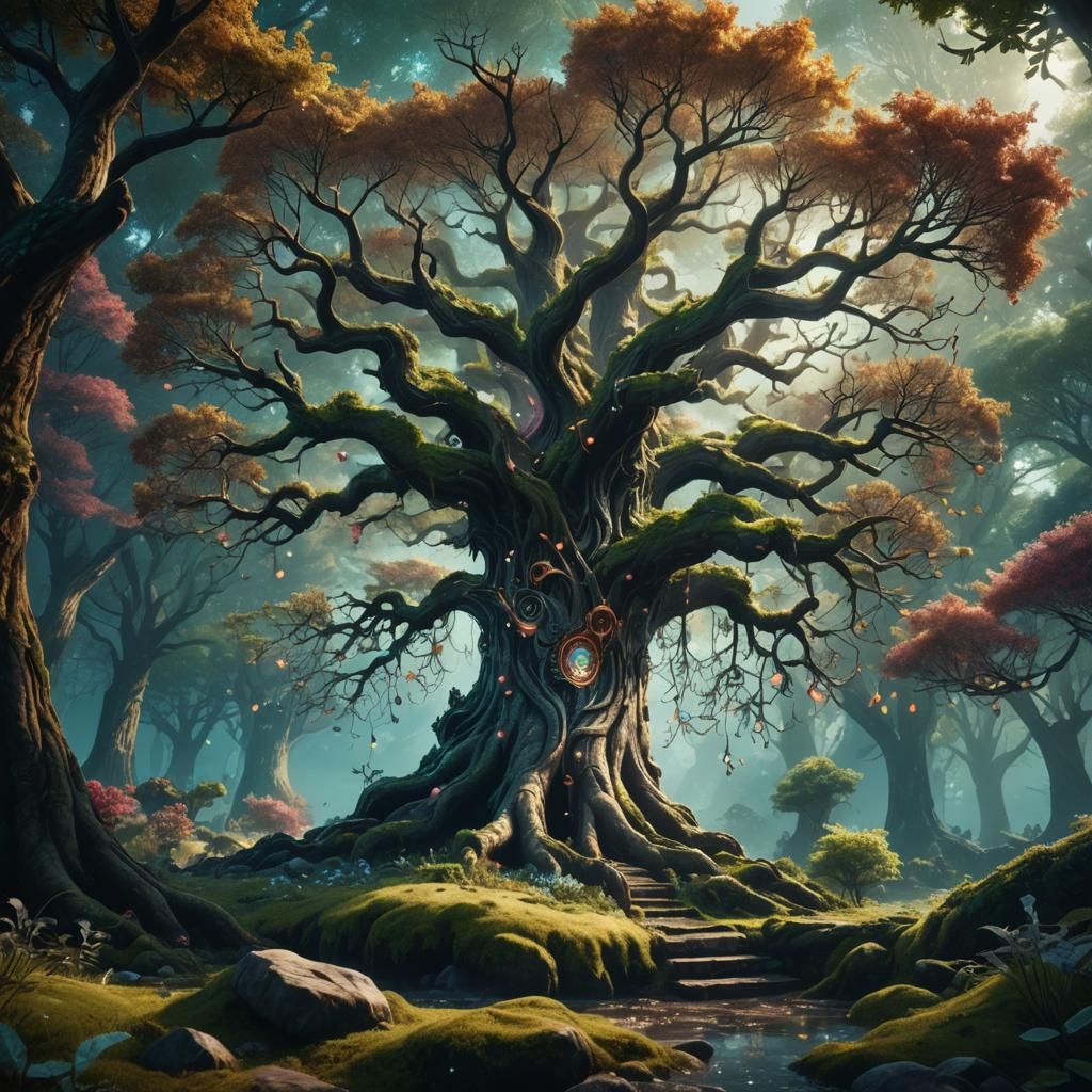 Magical Tree in Fantasy Forest: Detailed Matte Painting