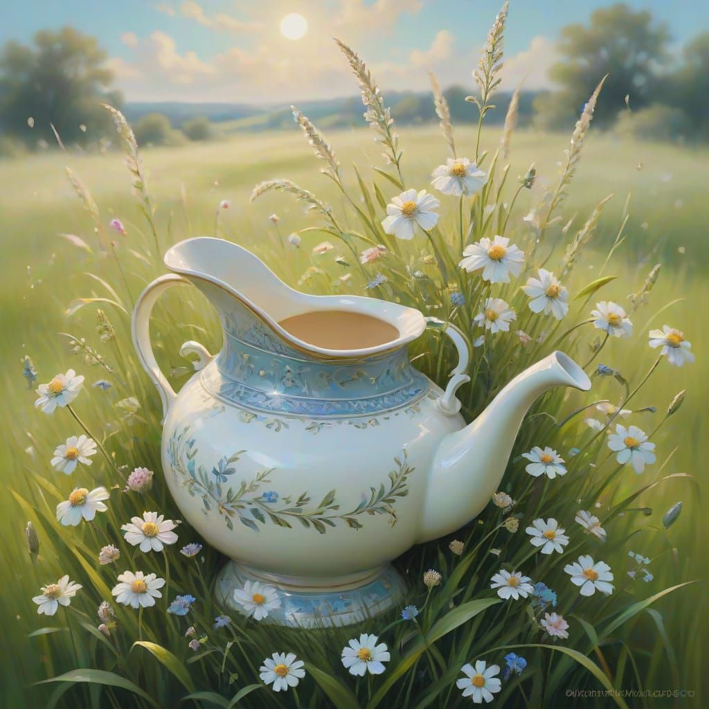 Whimsical Still Life of a Porcelain Bagger in a Meadow