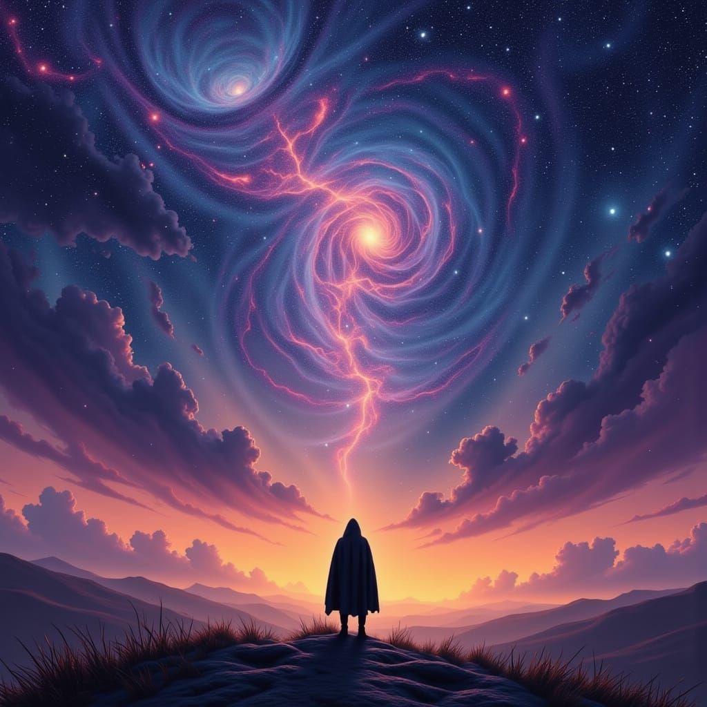 Cosmic Surrealism: Figure Gazes at Nebulae on Windswept Moor