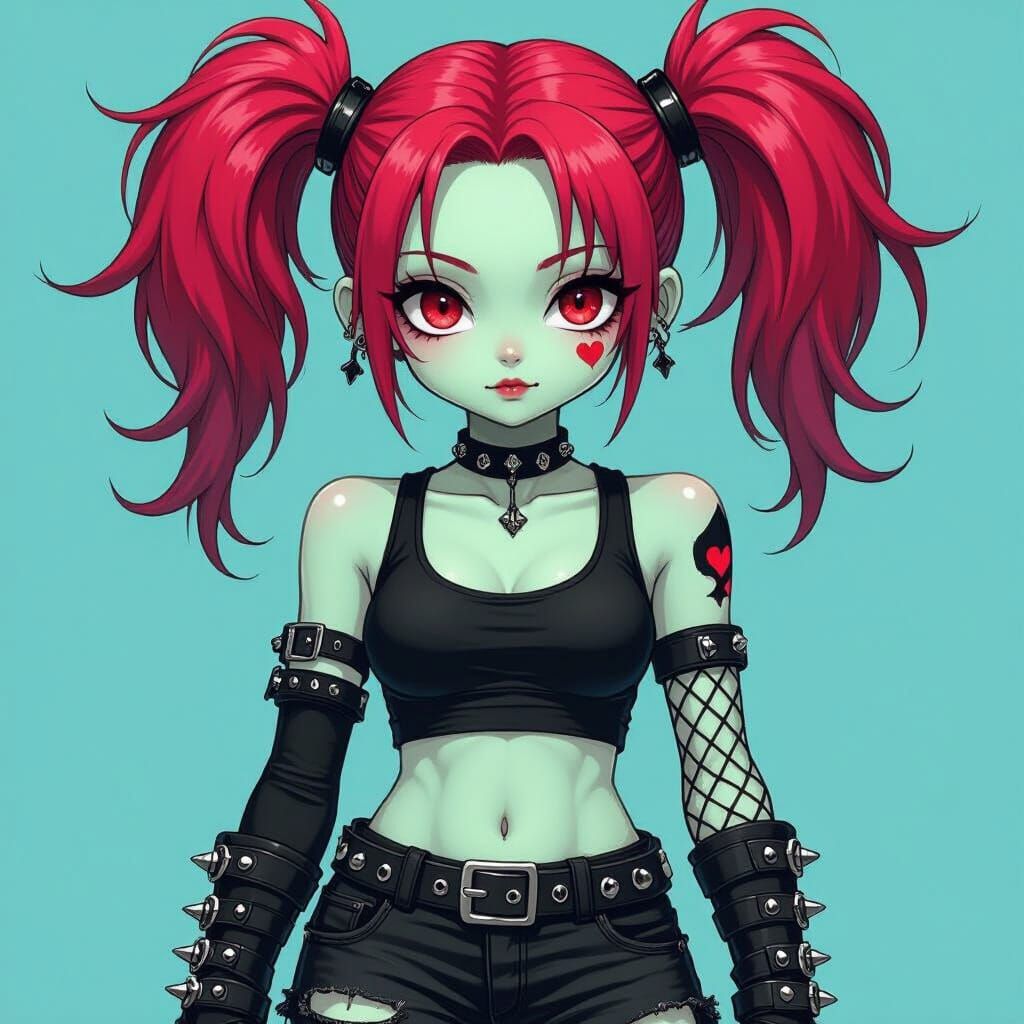 Anime Goth Character with Red Hair and Green Skin
