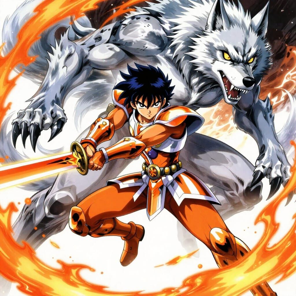 Anime Warrior Battles Giant Wolf with Glowing Orange Sword