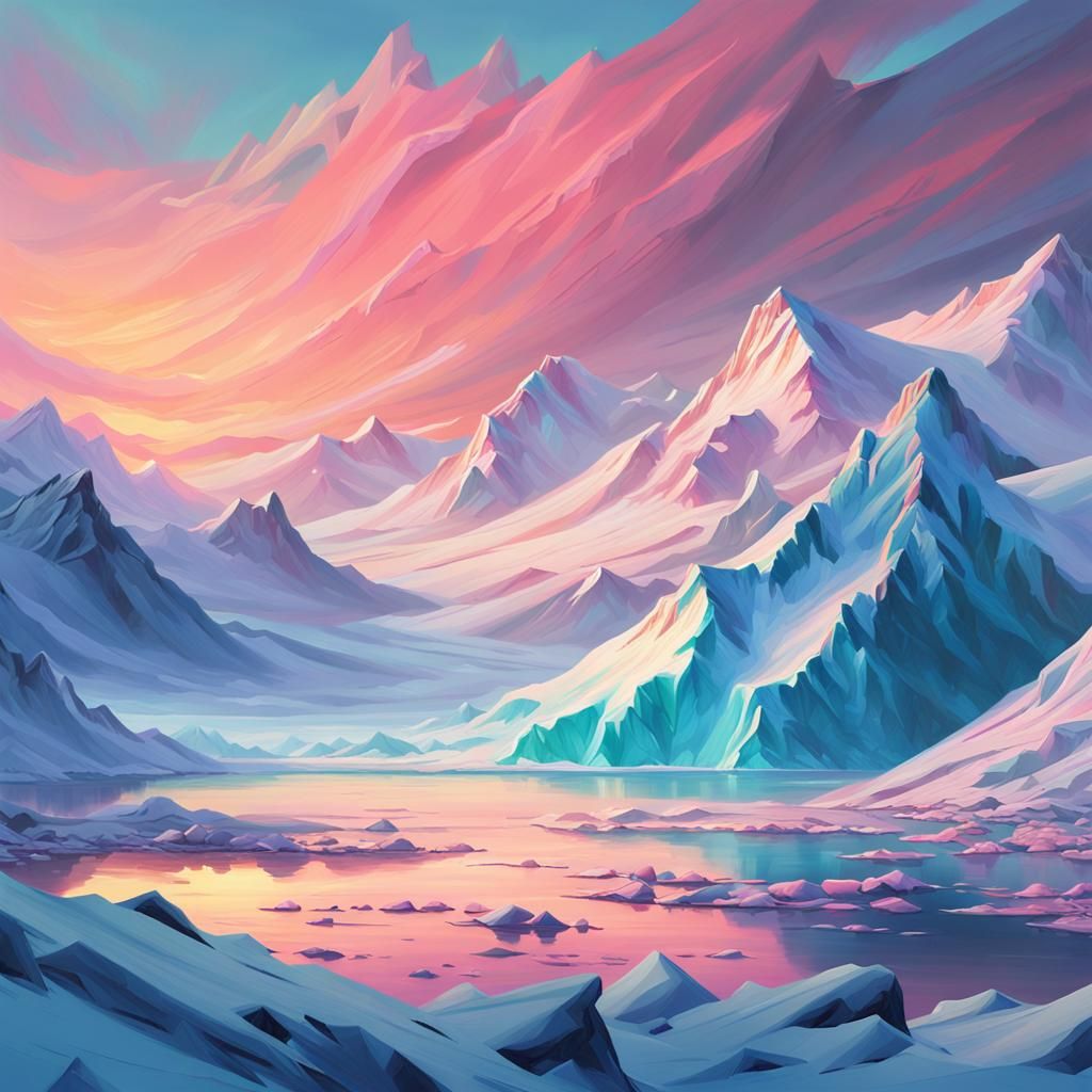 Triadic Sunset Over Antarctic Mountains, Oil Painting