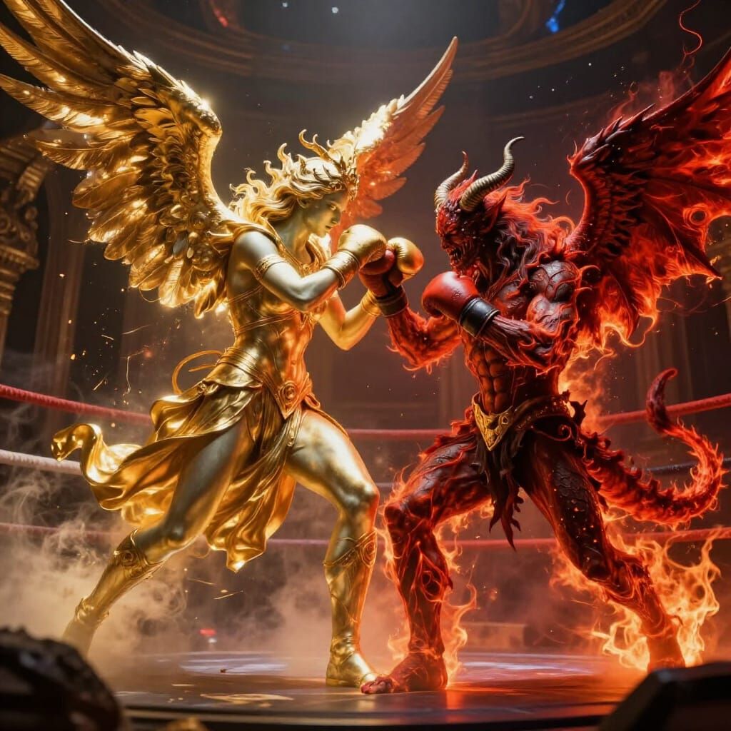 Angel Battles Fiery Demon in Celestial Boxing Arena