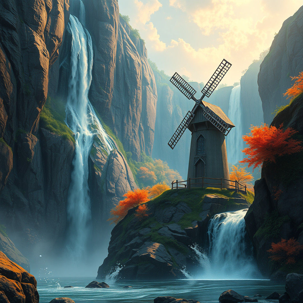 Windmill and Waterfall in Detailed Matte Painting