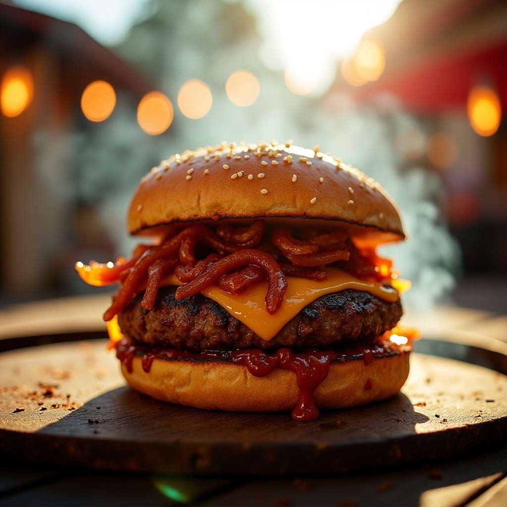 Gourmet Burger with Barbecue Sauce, Cinematic Still