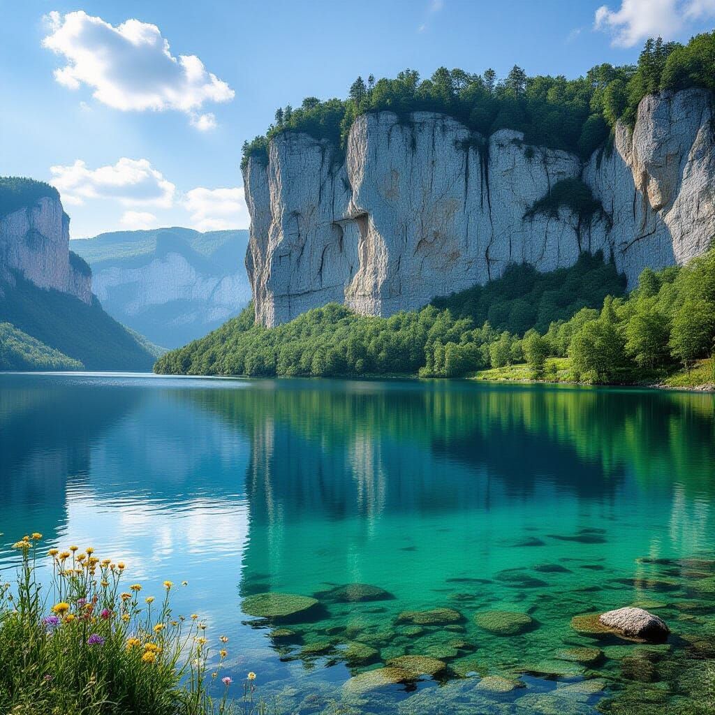 Tranquil Lake at Base of Sheer Cliff, Photorealistic